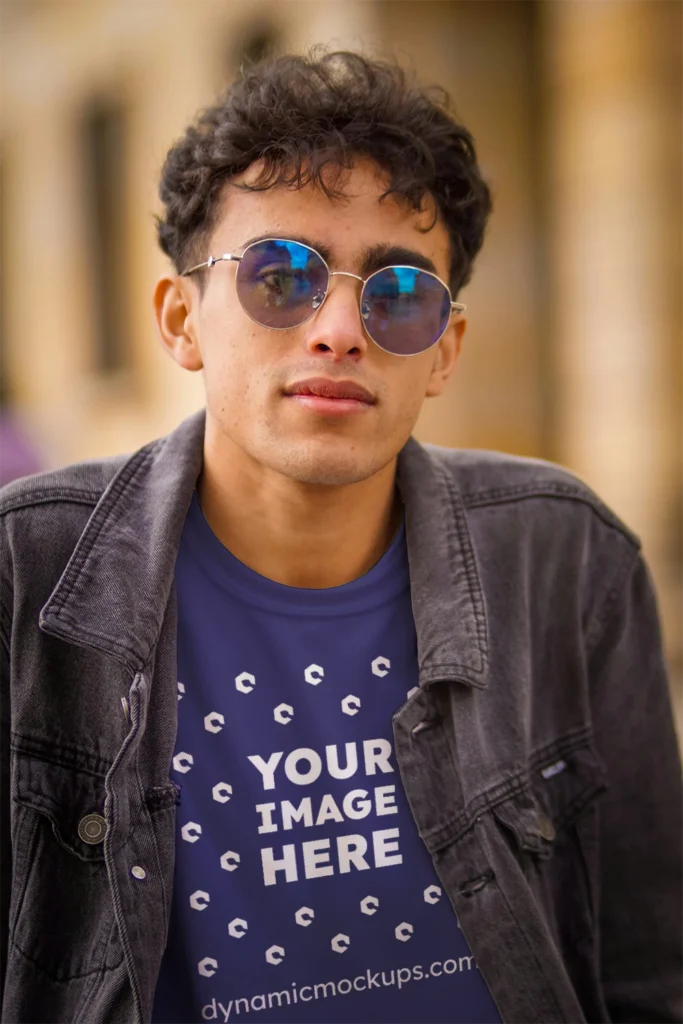 Man Wearing Navy Blue T-shirt Mockup Front View Template