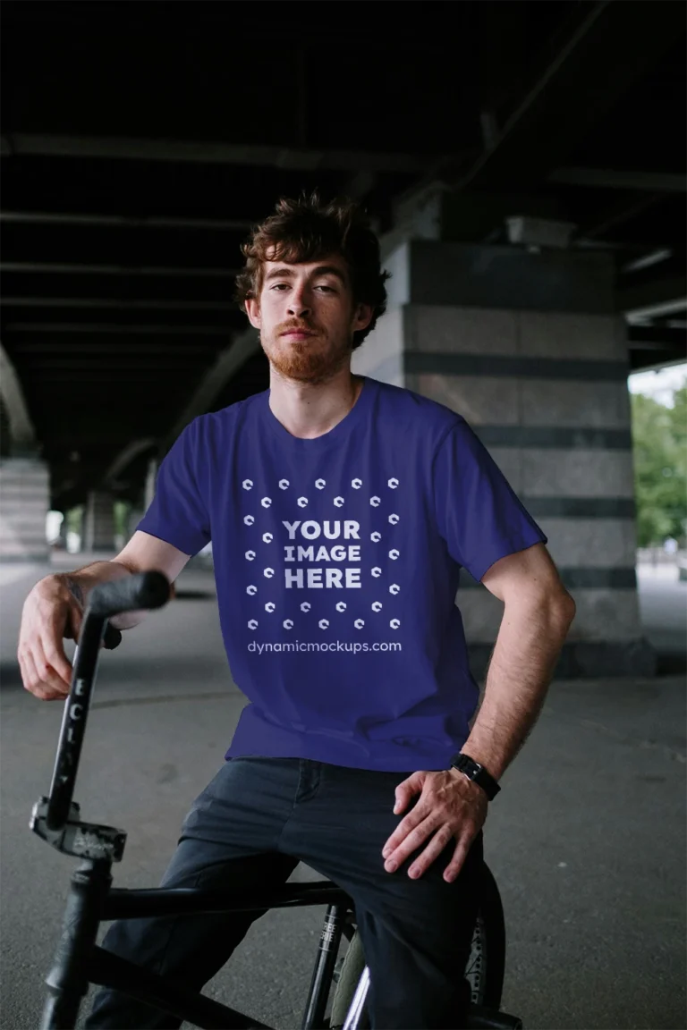 Man Wearing Navy Blue T-shirt Mockup Front View Template