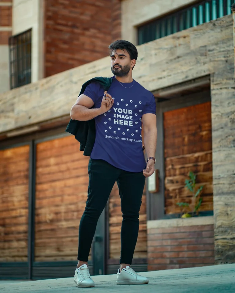 Man Wearing Navy Blue T-shirt Mockup Front View Template