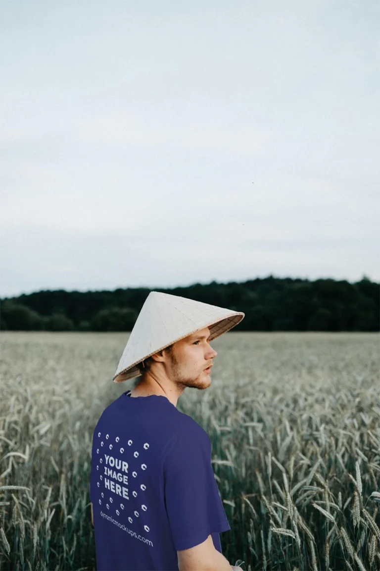 Man Wearing Navy Blue T-shirt Mockup Front View Template