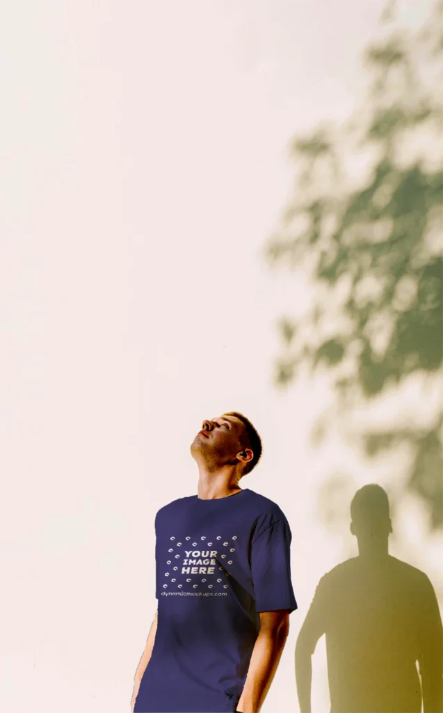 Man Wearing Navy Blue T-shirt Mockup Front View Template