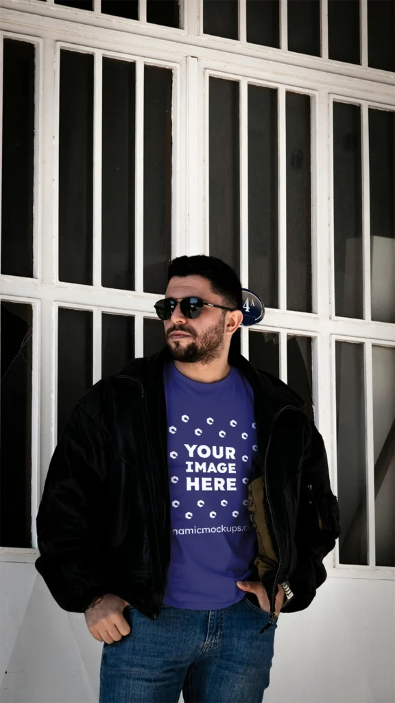 Man Wearing Navy Blue T-shirt Mockup Front View Template