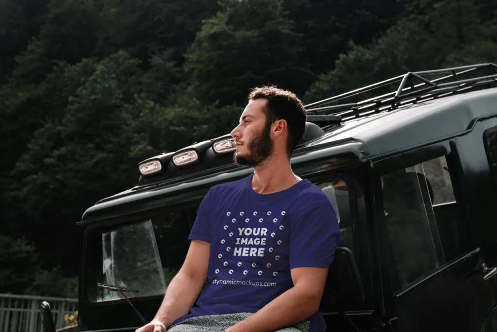 Man Wearing Navy Blue T-shirt Mockup Front View Template