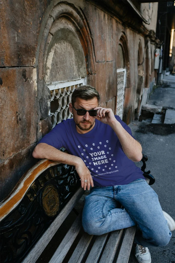 Man Wearing Navy Blue T-shirt Mockup Front View Template