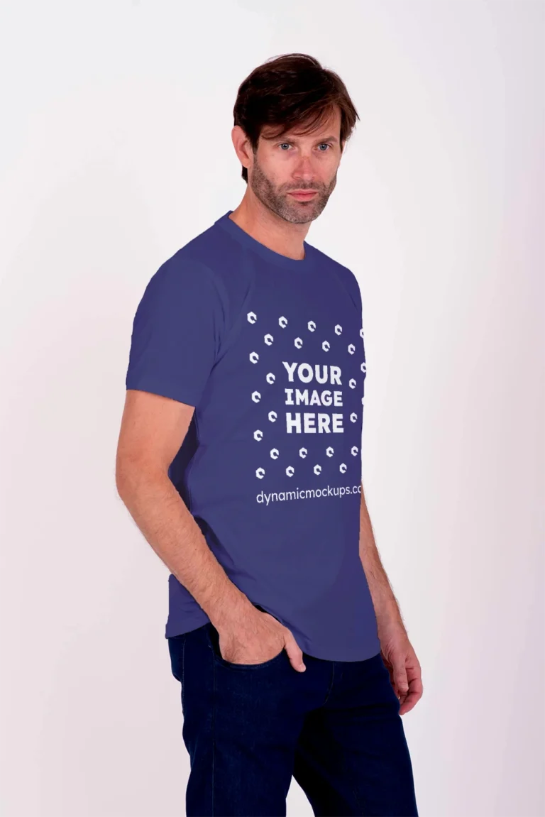 Man Wearing Navy Blue T-shirt Mockup Side View Template