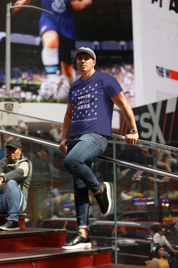 Man Wearing Navy Blue T-shirt Mockup Front View Template