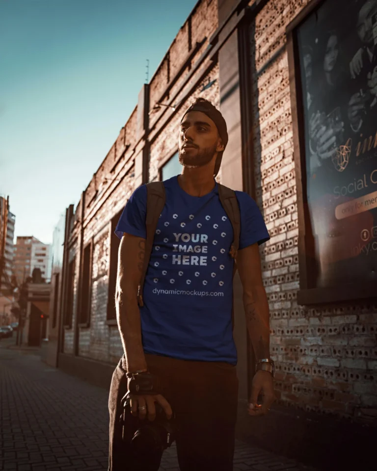 Man Wearing Navy Blue T-shirt Mockup Front View Template