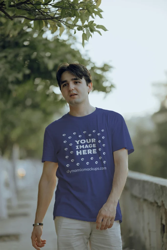 Man Wearing Navy Blue T-shirt Mockup Front View Template