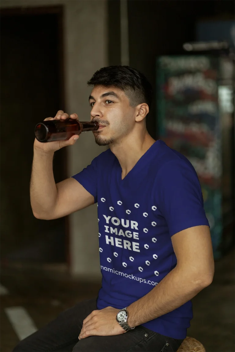 Man Wearing Navy Blue T-shirt Mockup Side View Template