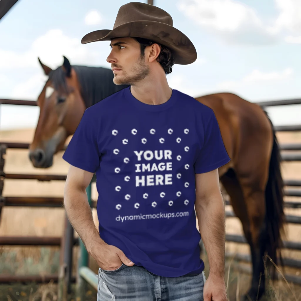 Man Wearing Navy Blue T-shirt Mockup Front View Template