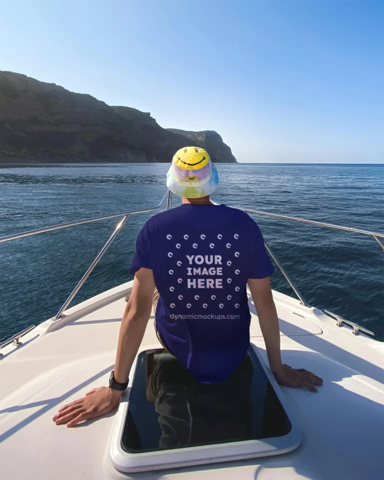 Man Wearing Navy Blue T-shirt Mockup Back View Template