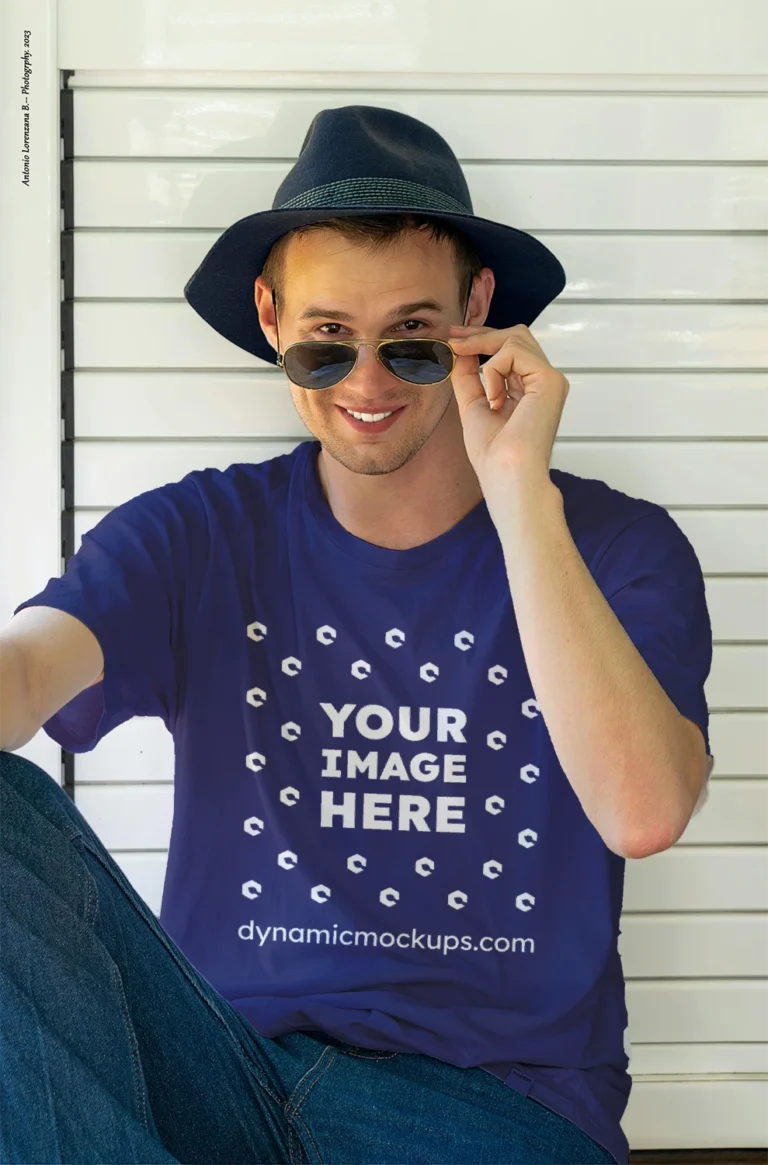 Man Wearing Navy Blue T-shirt Mockup Front View Template