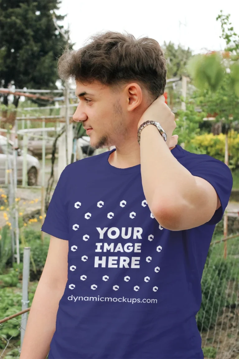 Man Wearing Navy Blue T-shirt Mockup Front View Template