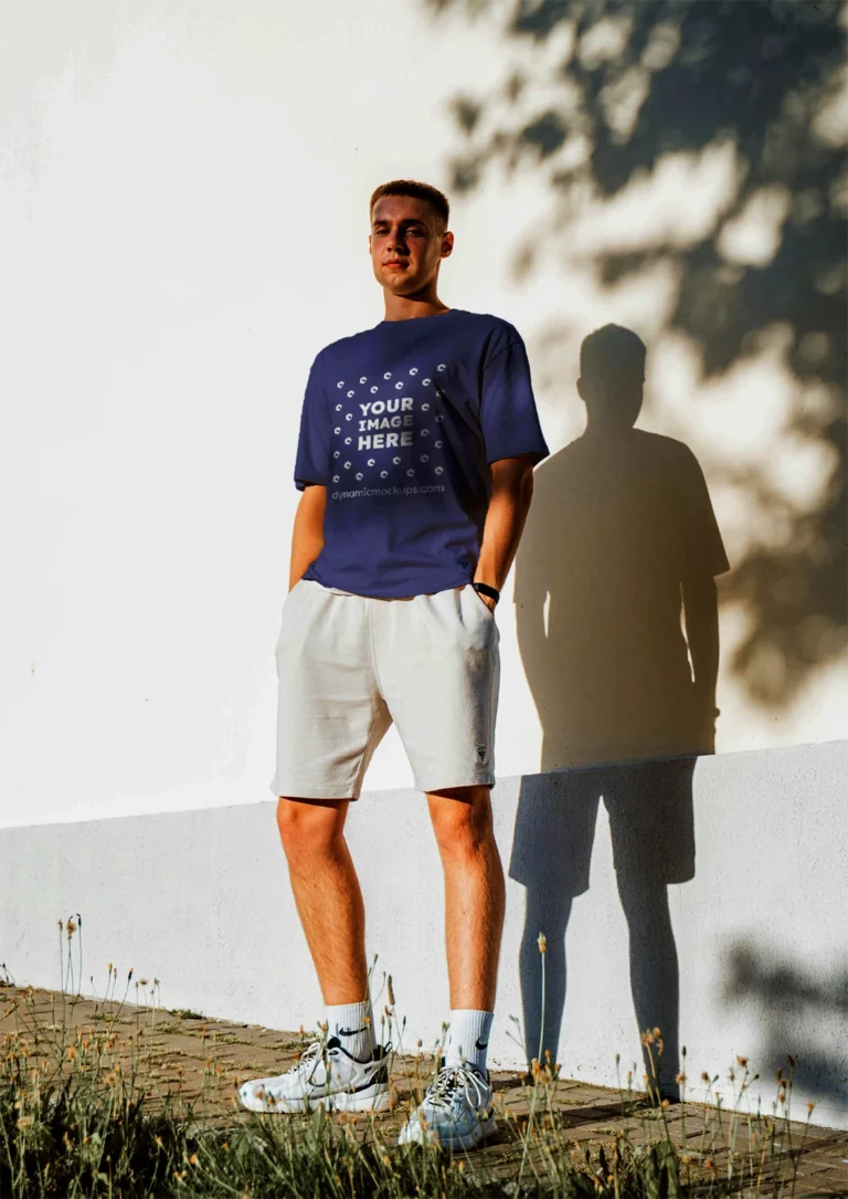 Man Wearing Navy Blue T-shirt Mockup Front View Template