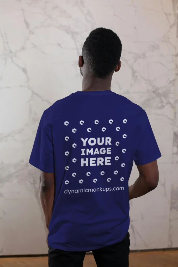 Man Wearing Navy Blue T-shirt Mockup Back View Template