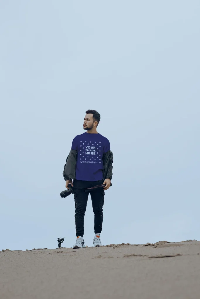 Man Wearing Navy Blue T-shirt Mockup Front View Template