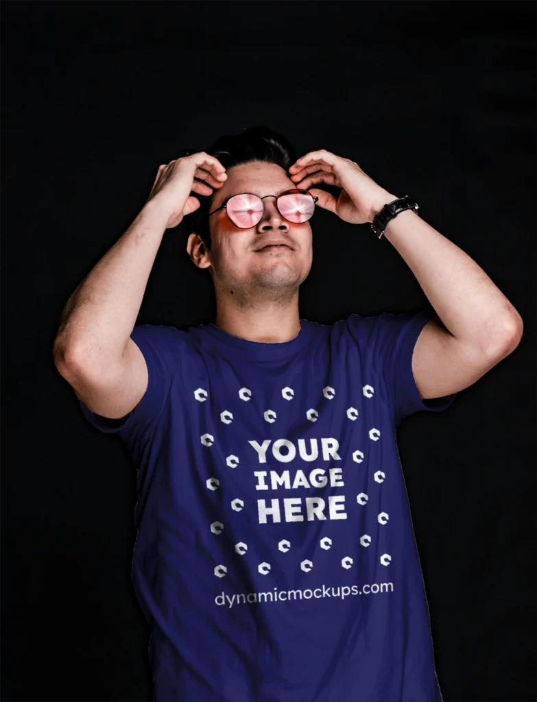 Man Wearing Navy Blue T-shirt Mockup Front View Template