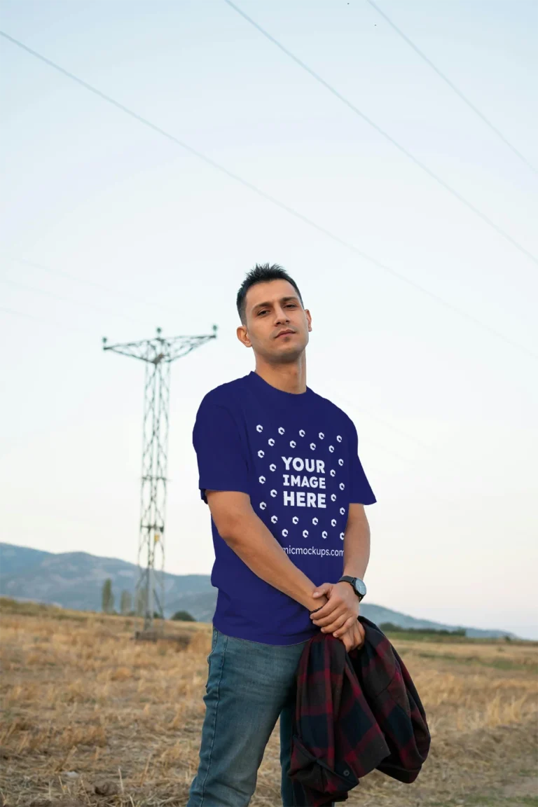 Man Wearing Navy Blue T-shirt Mockup Front View Template