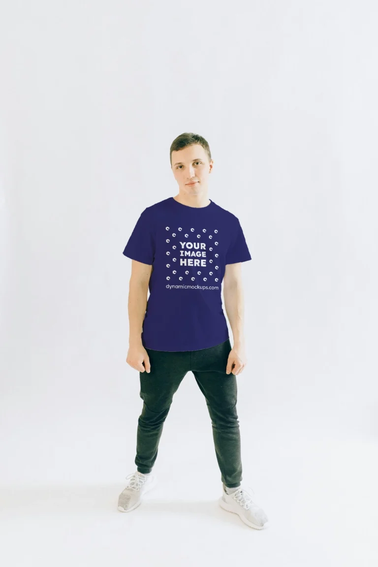 Man Wearing Navy Blue T-shirt Mockup Front View Template