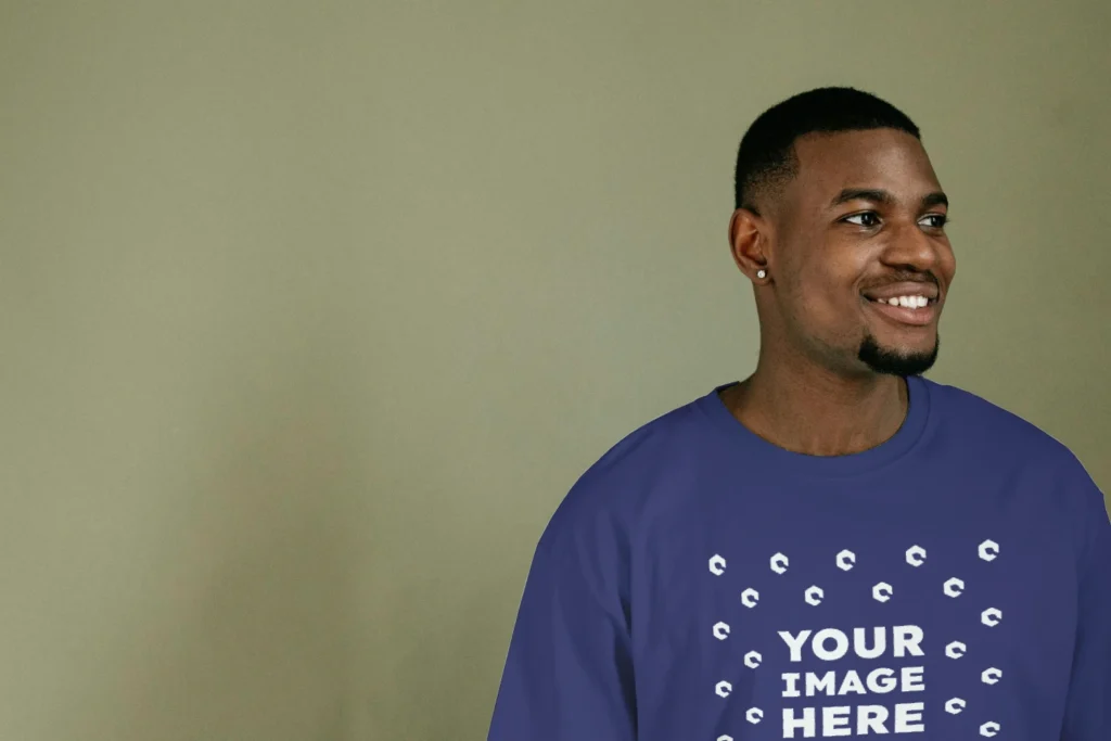 Man Wearing Navy Blue T-shirt Mockup Front View Template