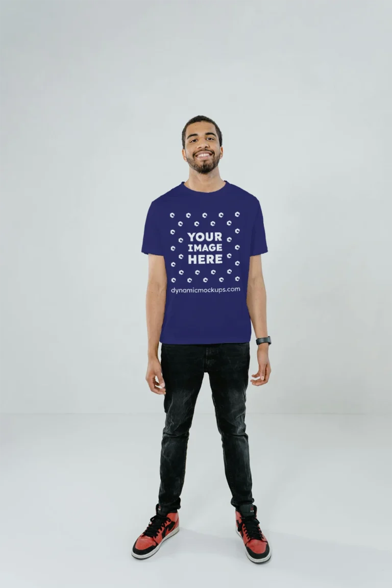 Man Wearing Navy Blue T-shirt Mockup Front View Template