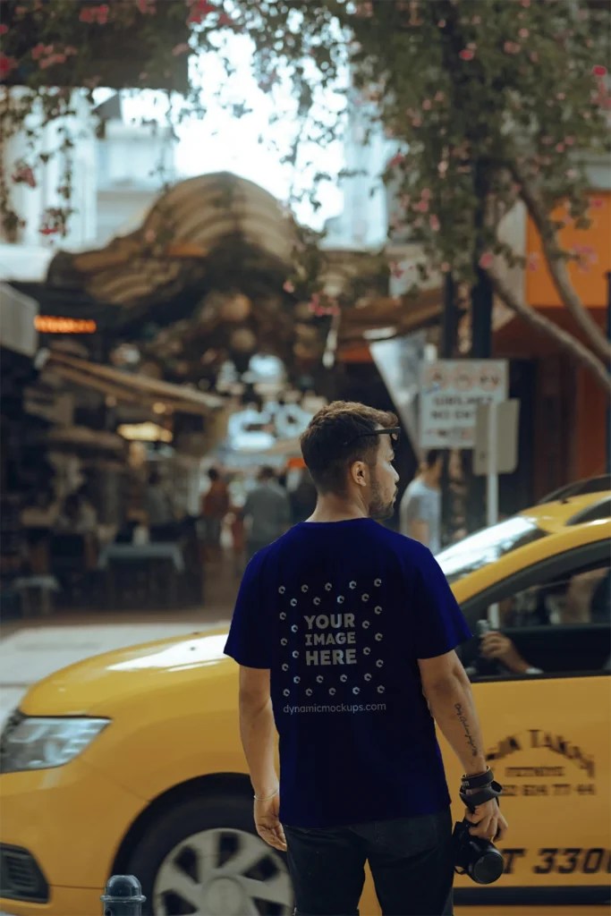 Man Wearing Navy Blue T-shirt Mockup Back View Template