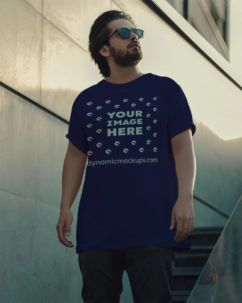 Man Wearing Navy Blue T-shirt Mockup Front View Template