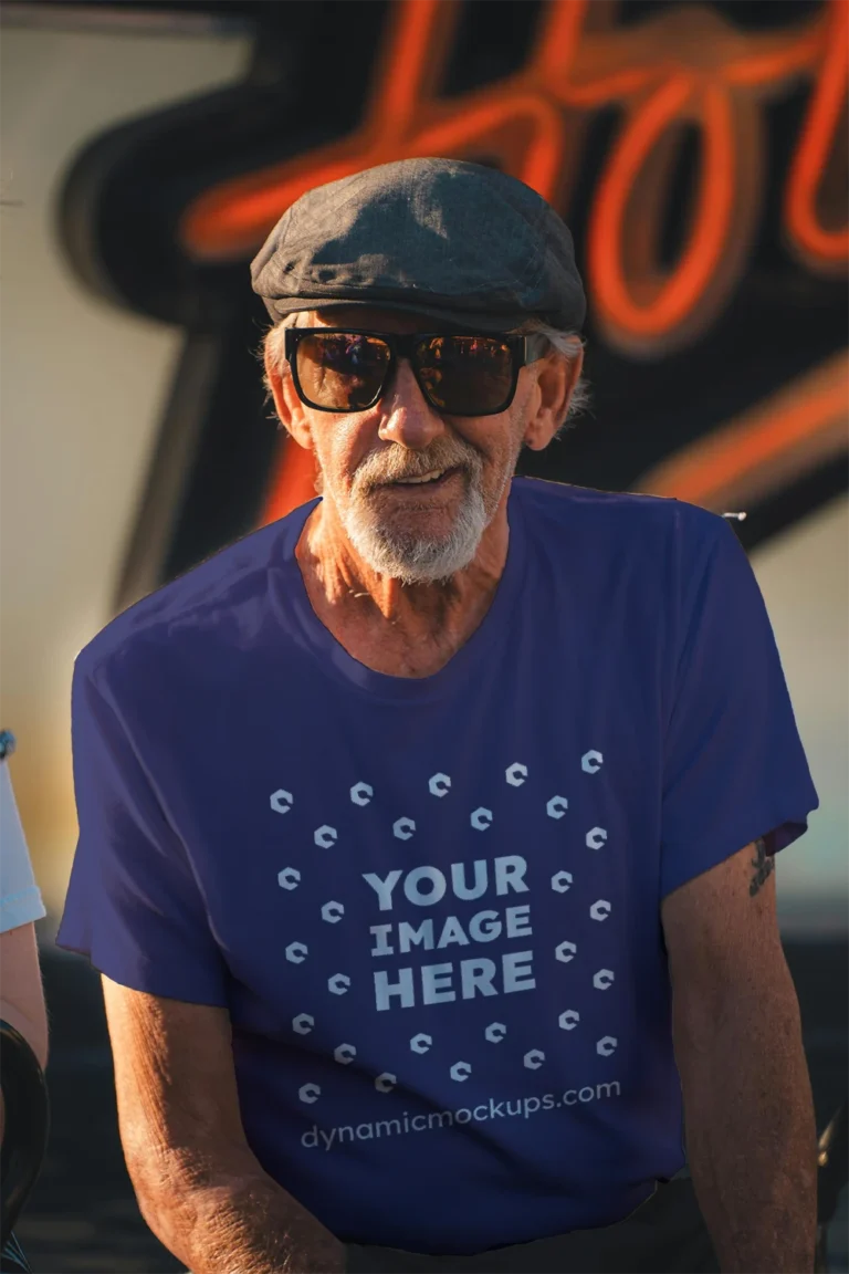 Man Wearing Navy Blue T-shirt Mockup Front View Template