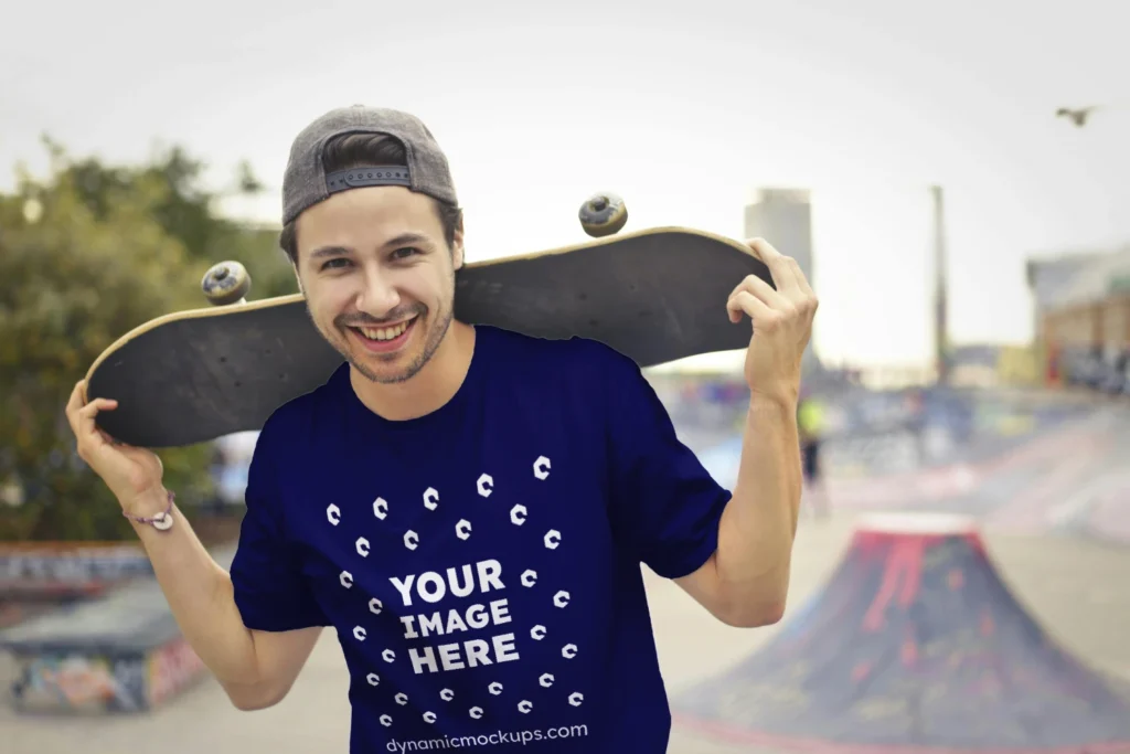 Man Wearing Navy Blue T-shirt Mockup Front View Template