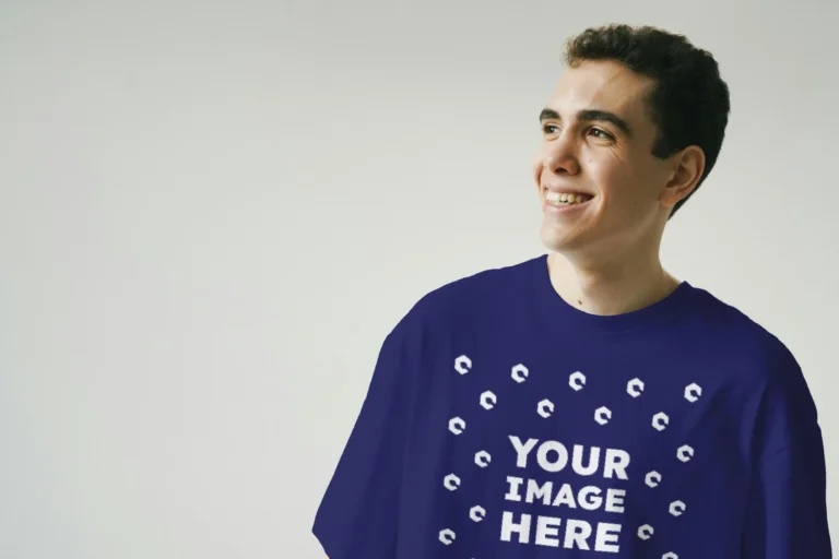 Man Wearing Navy Blue T-shirt Mockup Front View Template