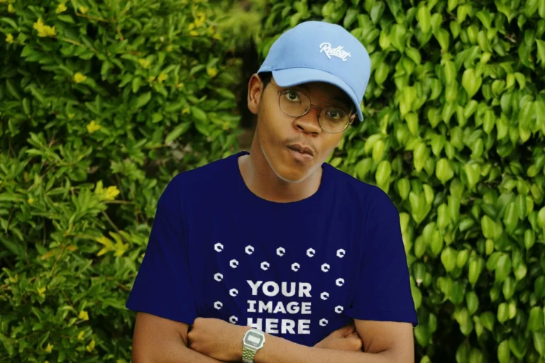 Man Wearing Navy Blue T-shirt Mockup Front View Template