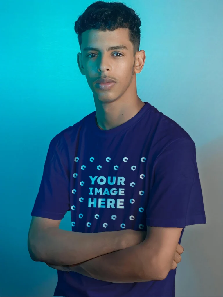 Man Wearing Navy Blue T-shirt Mockup Front View Template