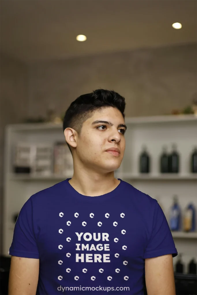 Man Wearing Navy Blue T-shirt Mockup Front View Template