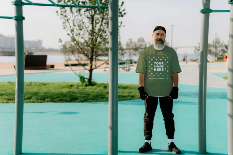 Man Wearing Olive Green T-shirt Mockup Front View Template