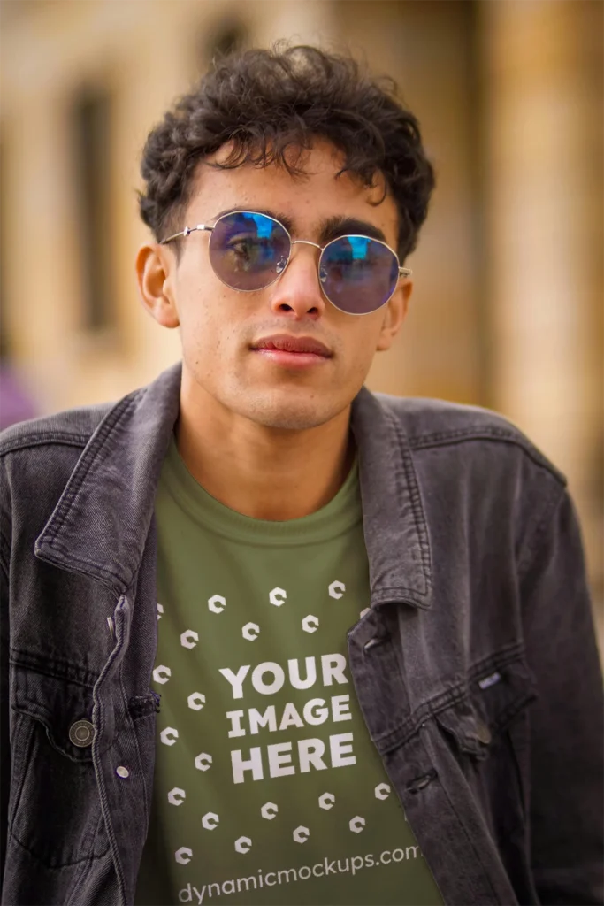 Man Wearing Olive Green T-shirt Mockup Front View Template