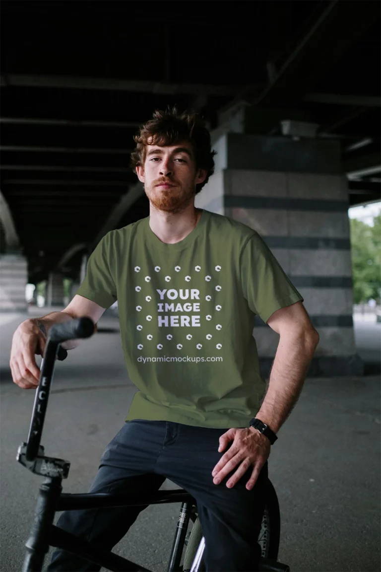 Man Wearing Olive Green T-shirt Mockup Front View Template