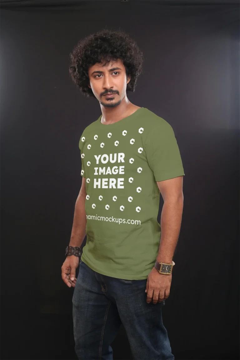 Man Wearing Olive Green T-shirt Mockup Front View Template