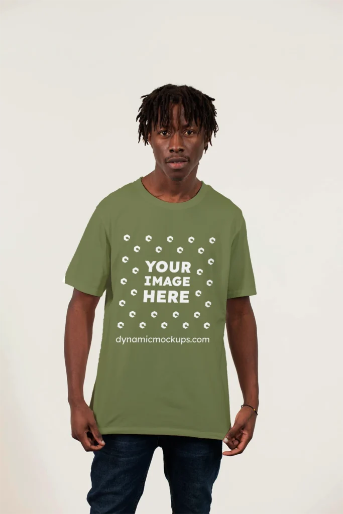 Man Wearing Olive Green T-shirt Mockup Front View Template