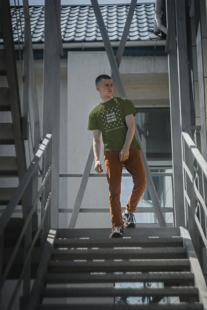 Man Wearing Olive Green T-shirt Mockup Front View Template