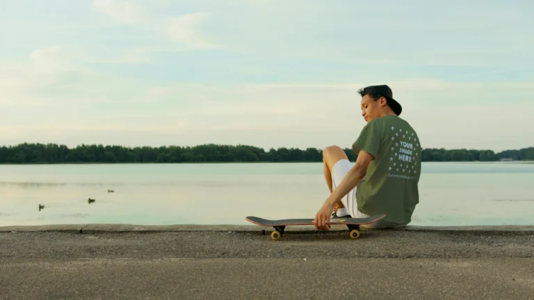 Man Wearing Olive Green T-shirt Mockup Front View Template