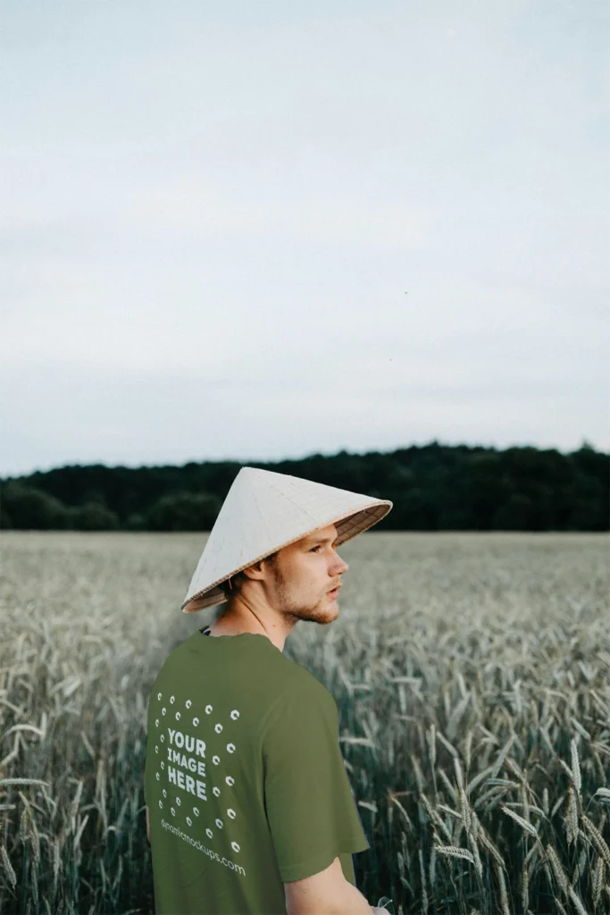 Man Wearing Olive Green T-shirt Mockup Front View Template