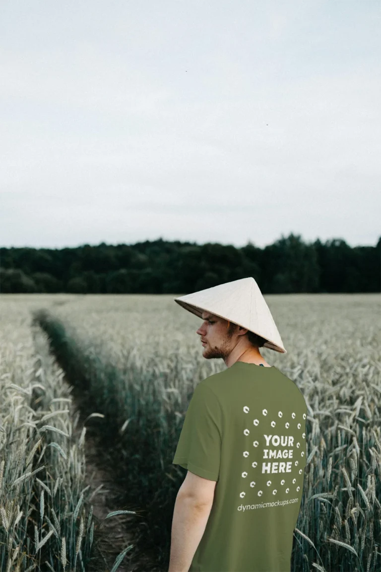 Man Wearing Olive Green T-shirt Mockup Front View Template