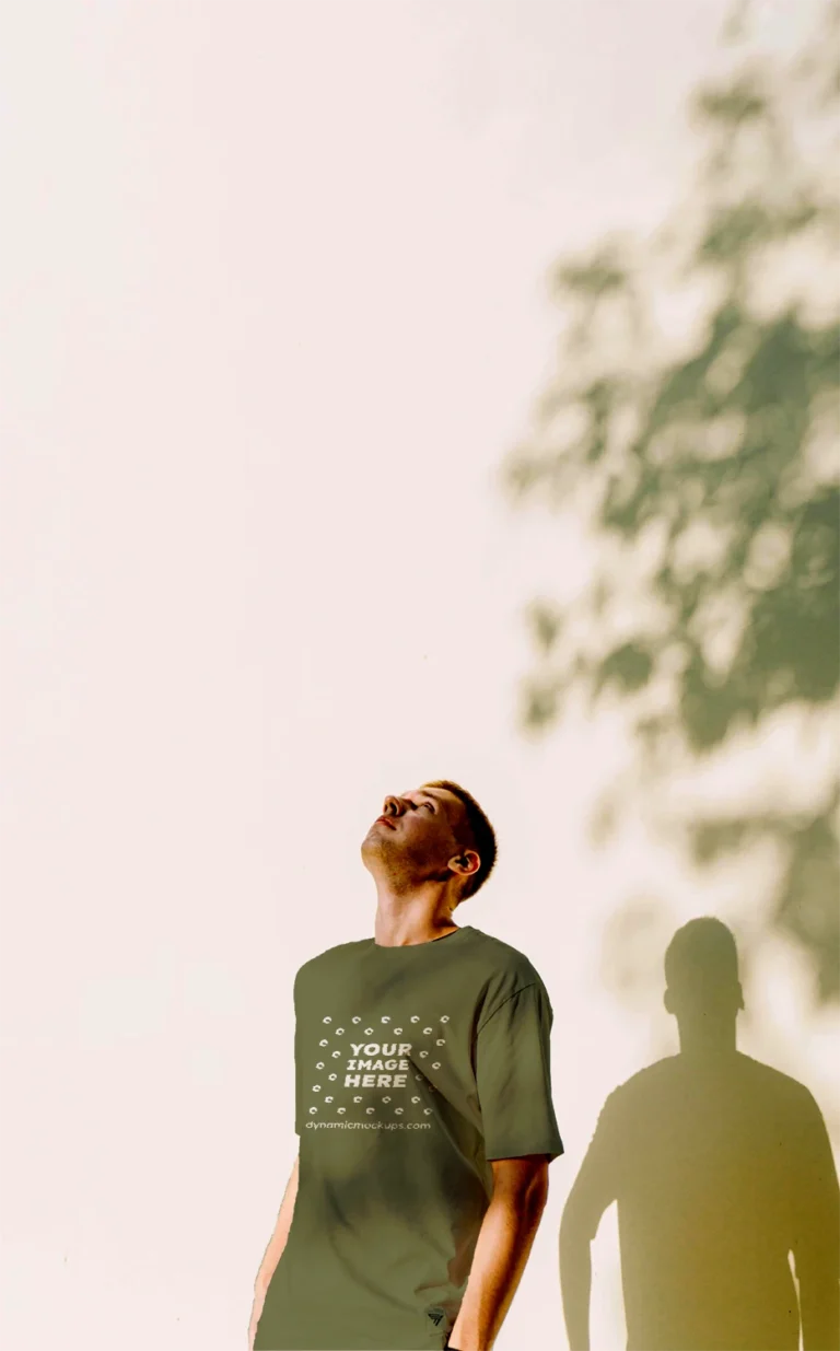 Man Wearing Olive Green T-shirt Mockup Front View Template