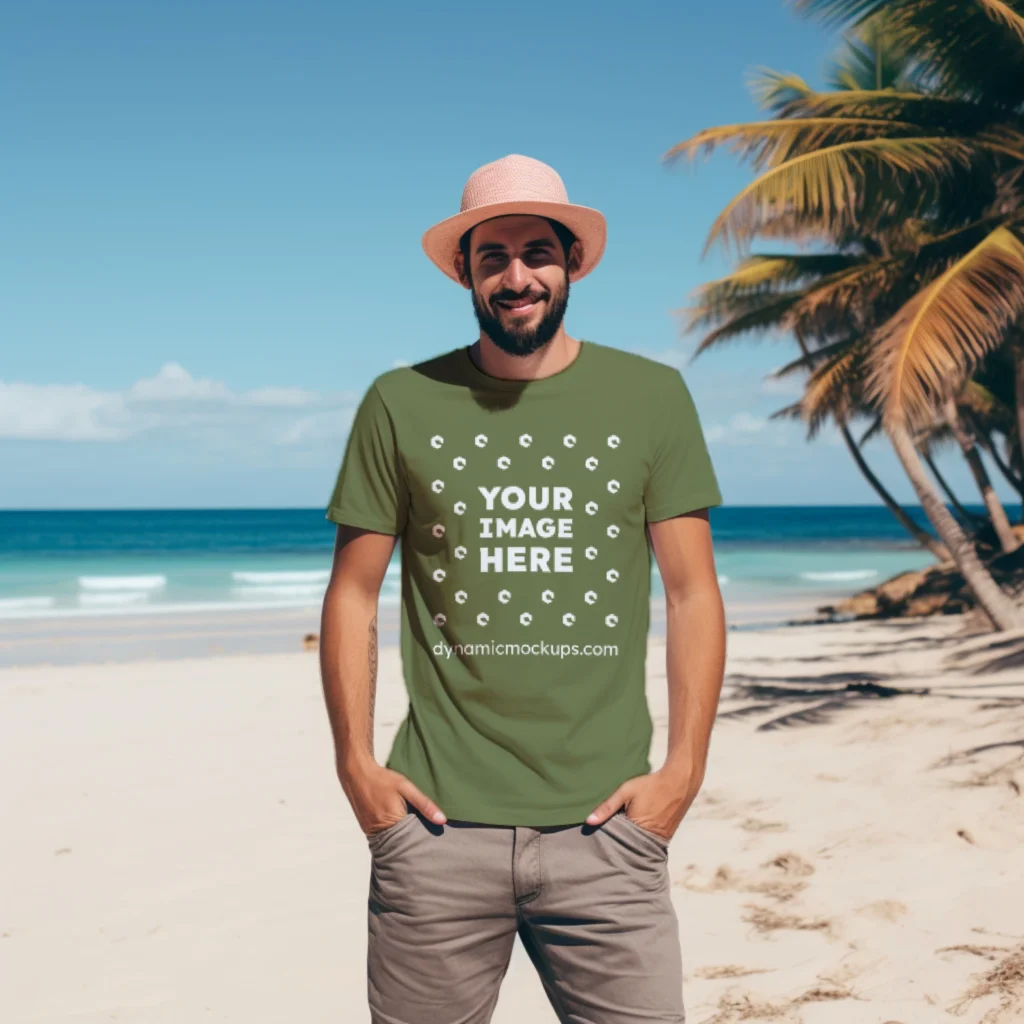 Man Wearing Olive Green T-shirt Mockup Front View Template