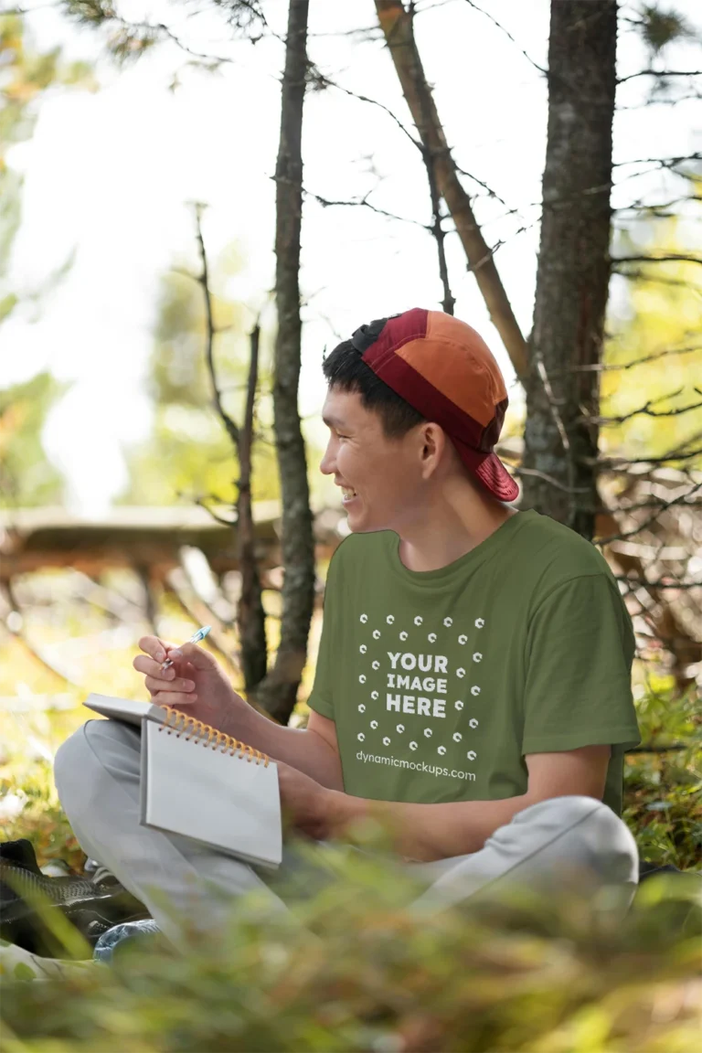 Man Wearing Olive Green T-shirt Mockup Front View Template