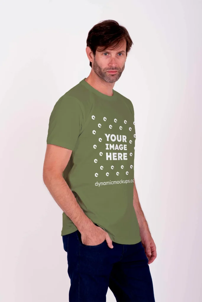 Man Wearing Olive Green T-shirt Mockup Side View Template