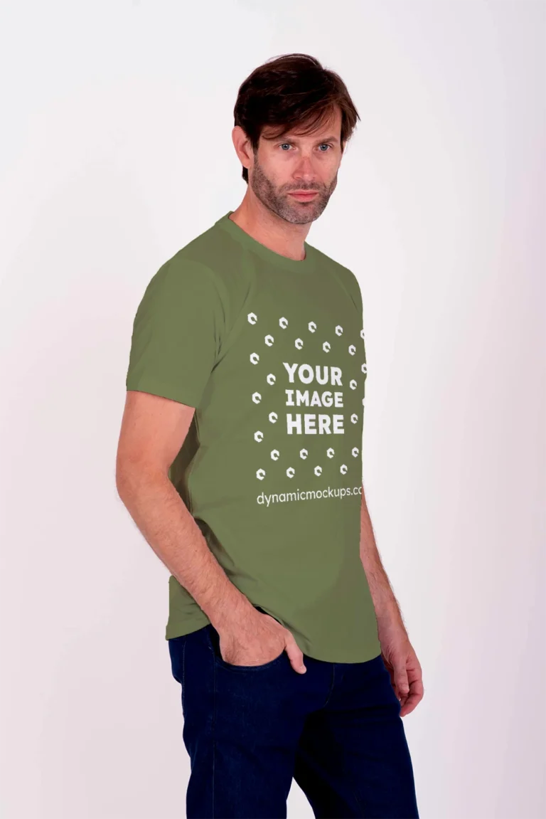 Man Wearing Olive Green T-shirt Mockup Side View Template