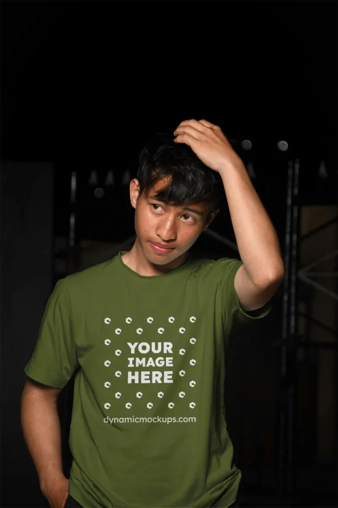 Man Wearing Olive Green T-shirt Mockup Front View Template