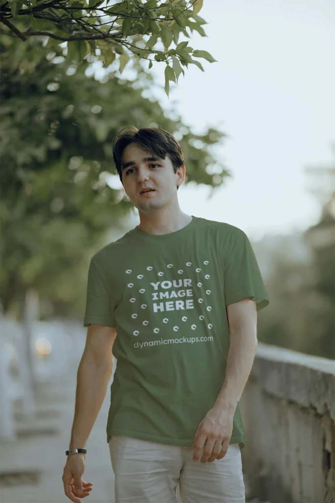 Man Wearing Olive Green T-shirt Mockup Front View Template