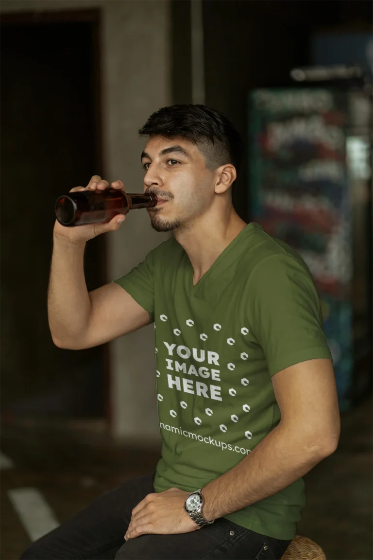 Man Wearing Olive Green T-shirt Mockup Side View Template